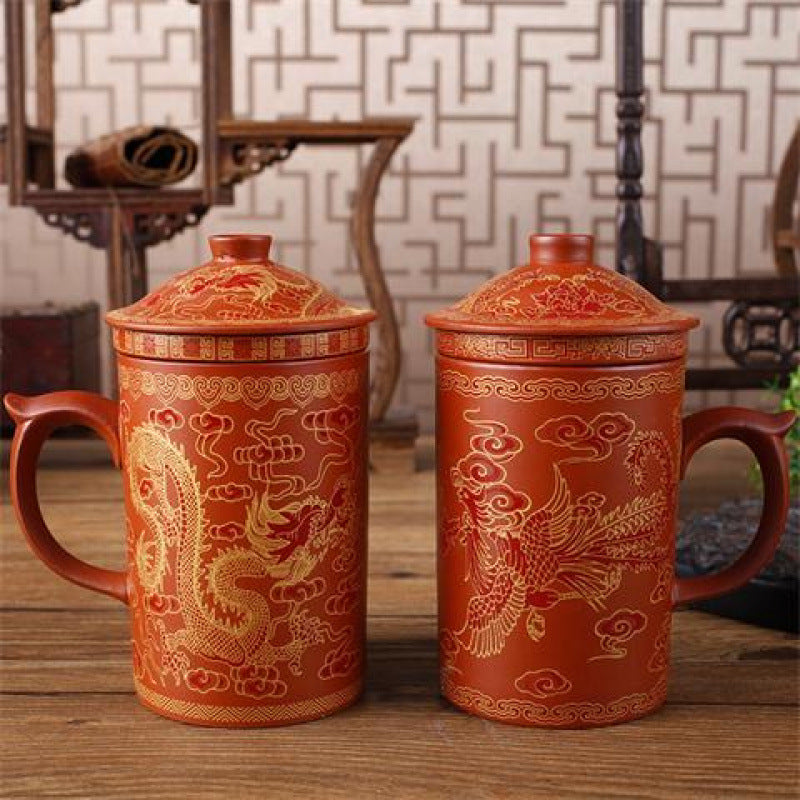 Korkasana Drachenbecher – Keramiktasse im asiatischen Stil mit Deckel & Filter