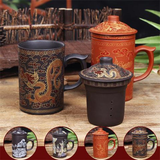 Korkasana Drachenbecher – Keramiktasse im asiatischen Stil mit Deckel & Filter